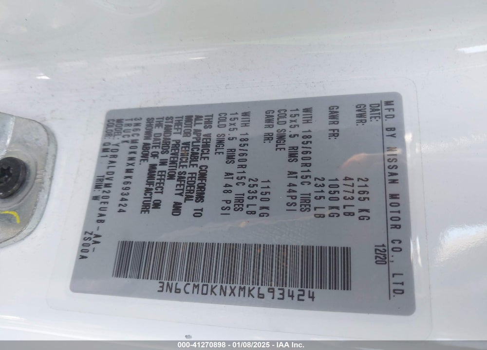2021 NISSAN NV200  CARGO S XTRONIC CVT VIN: 3N6CM0KNXMK693424
