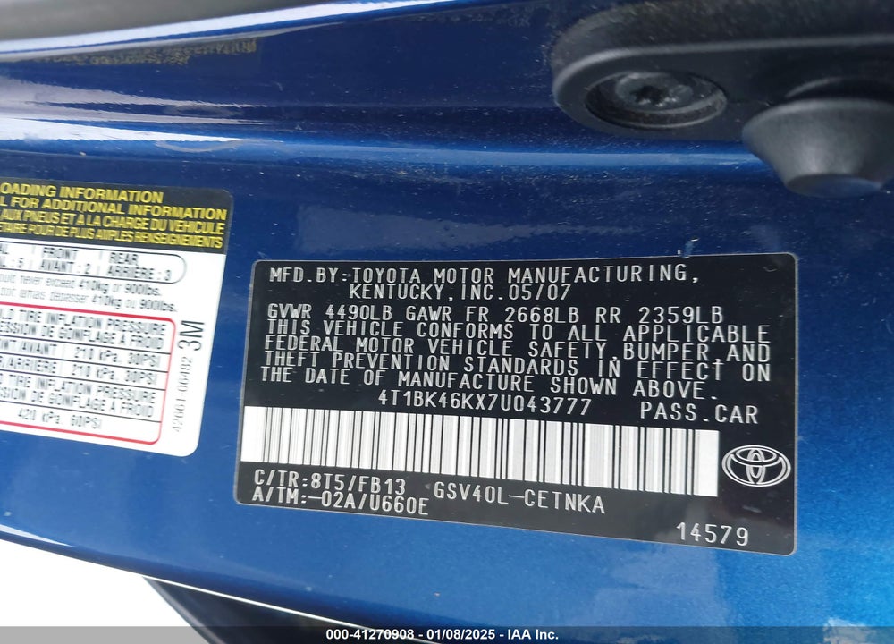 2007 TOYOTA CAMRY LE V6 VIN: 4T1BK46KX7U043777