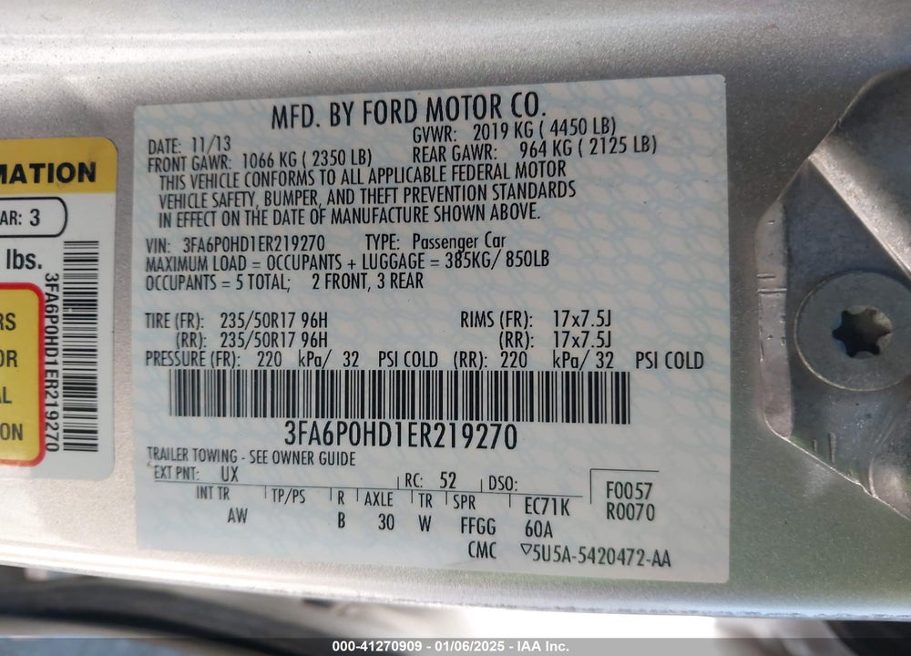 2014 FORD FUSION SE VIN: 3FA6P0HD1ER219270