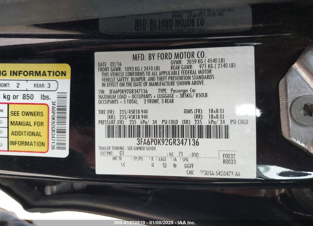 2016 FORD FUSION VIN: 3FA6P0K92GR347136