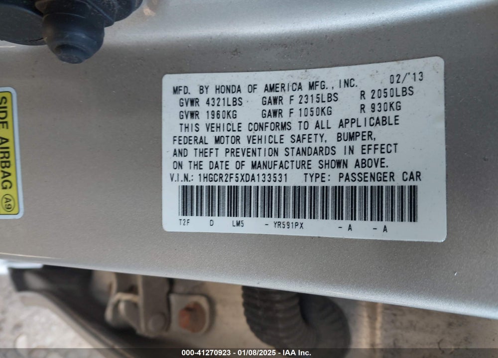 2013 HONDA ACCORD SPORT VIN: 1HGCR2F5XDA133531