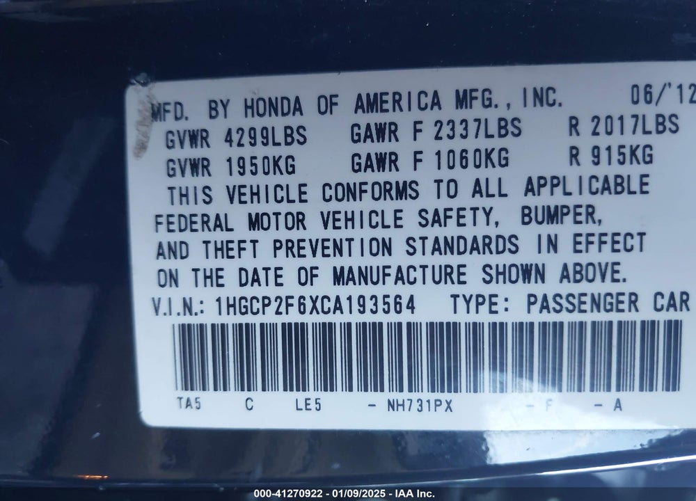 2012 HONDA ACCORD 2.4 SE VIN: 1HGCP2F6XCA193564