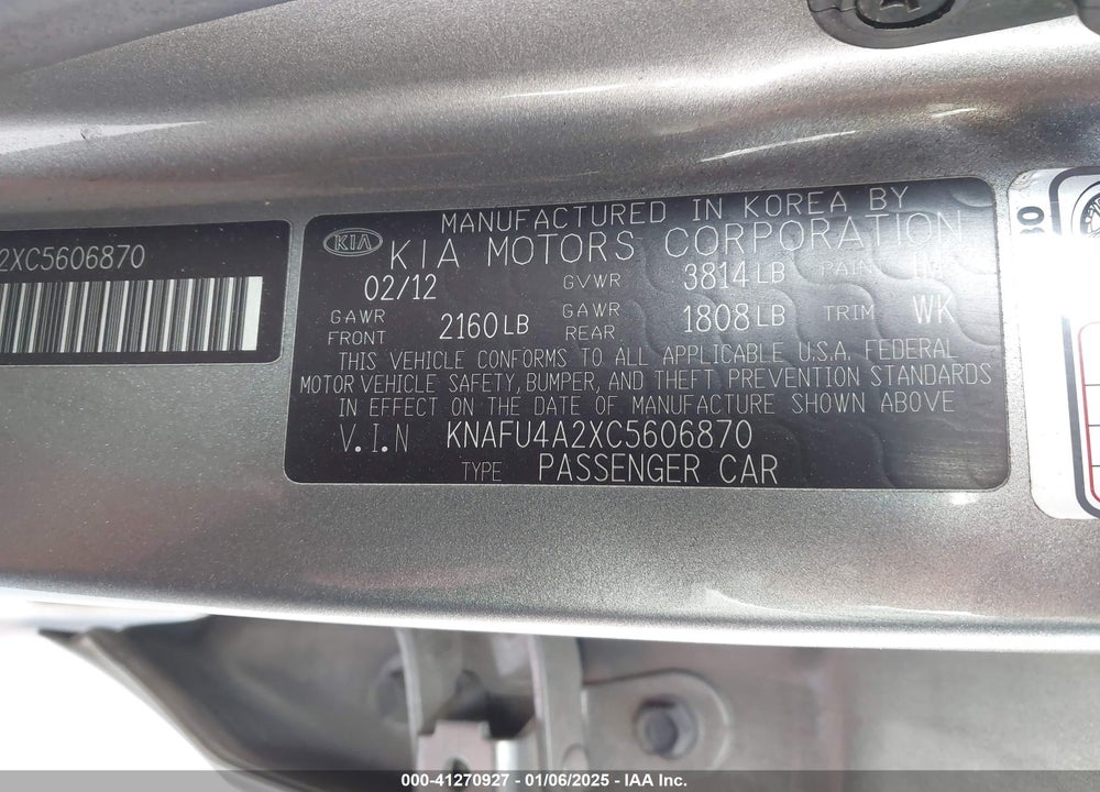 2012 KIA FORTE VIN: KNAFU4A2XC5606870