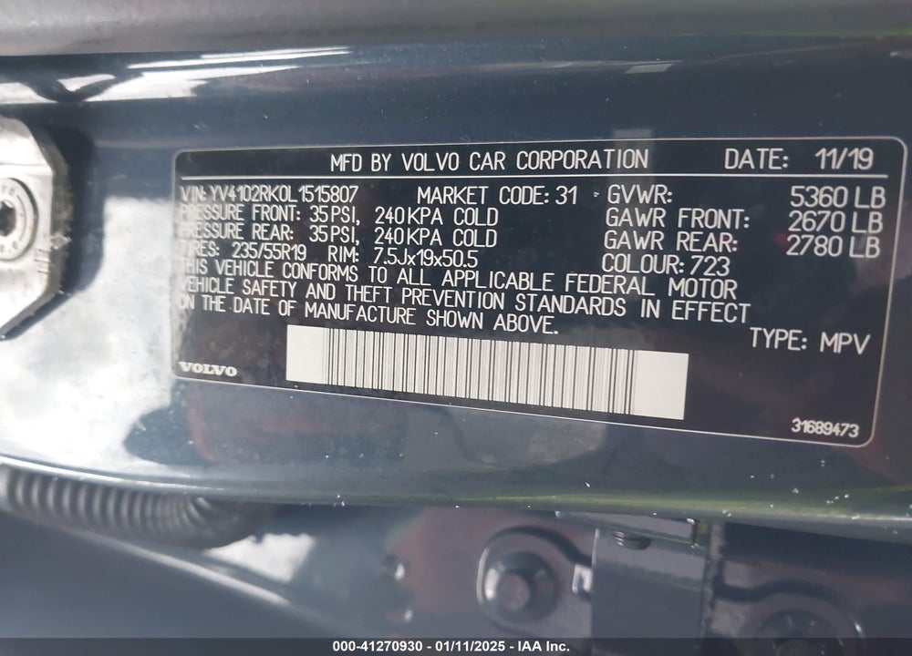 2020 VOLVO XC60 T5 MOMENTUM VIN: YV4102RK0L1515807