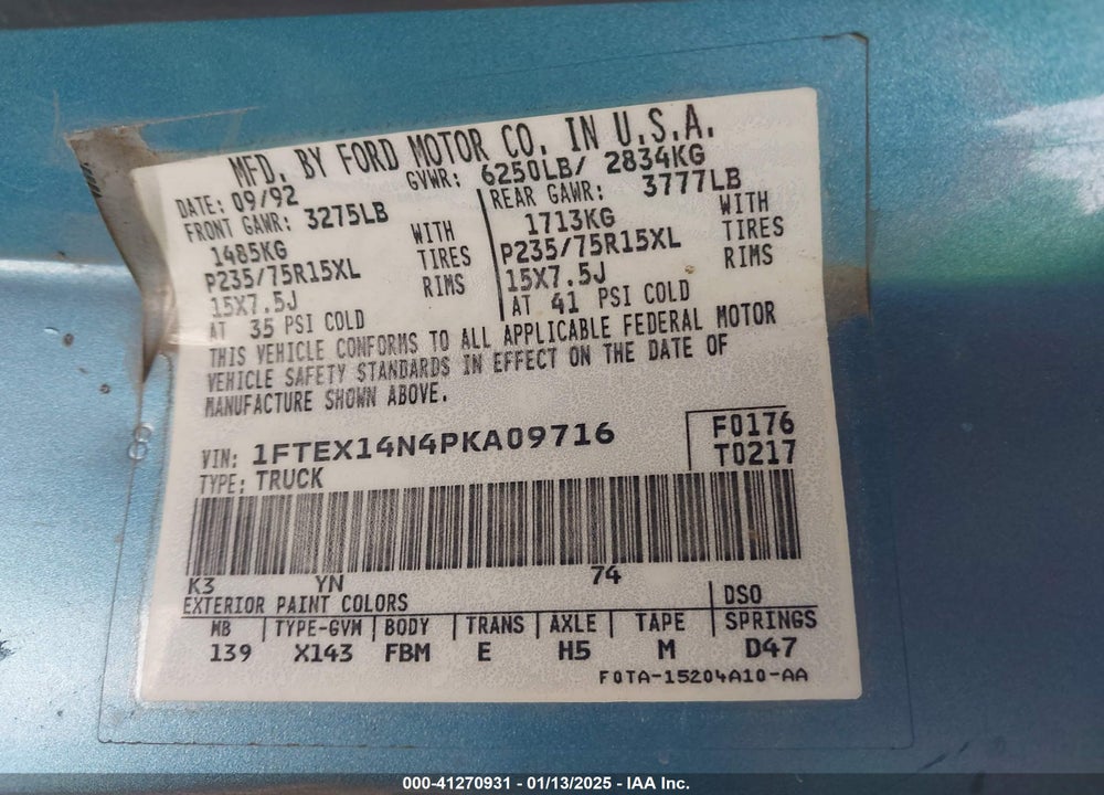 1993 FORD F150 VIN: 1FTEX14N4PKA09716