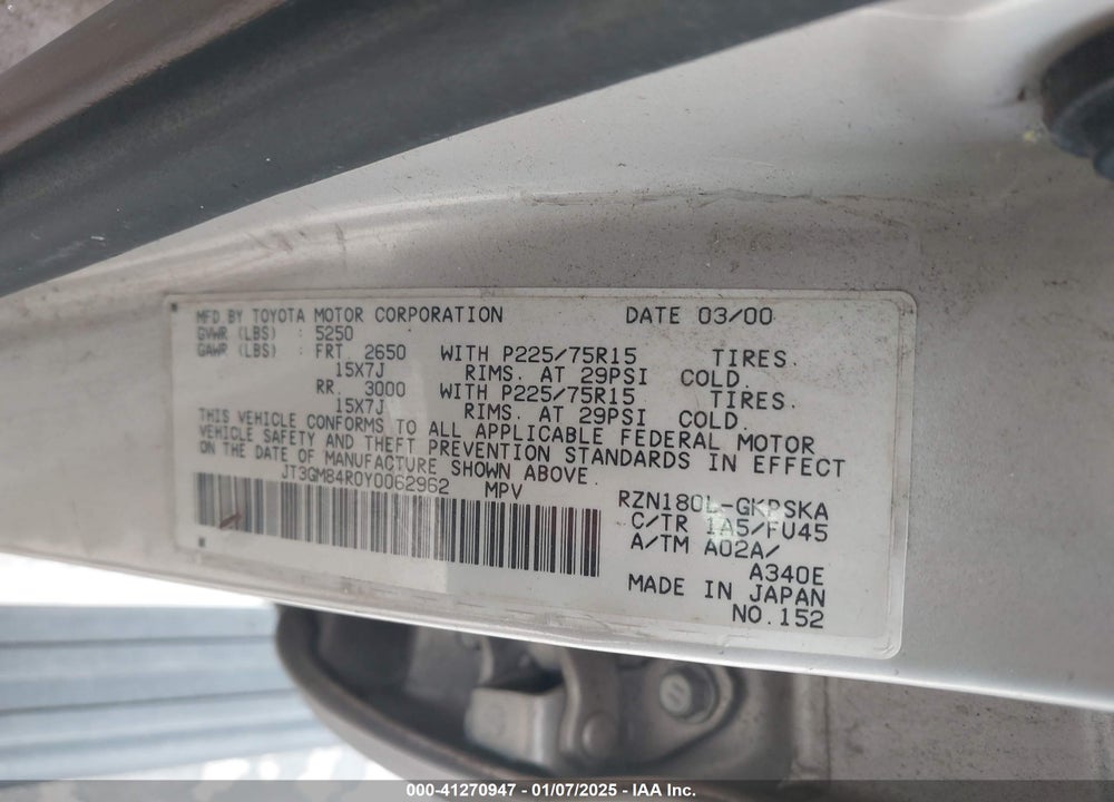 2000 TOYOTA 4RUNNER VIN: JT3GM84R0Y0062962