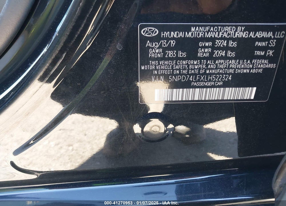 2020 HYUNDAI ELANTRA VIN: 5NPD74LFXLH522324
