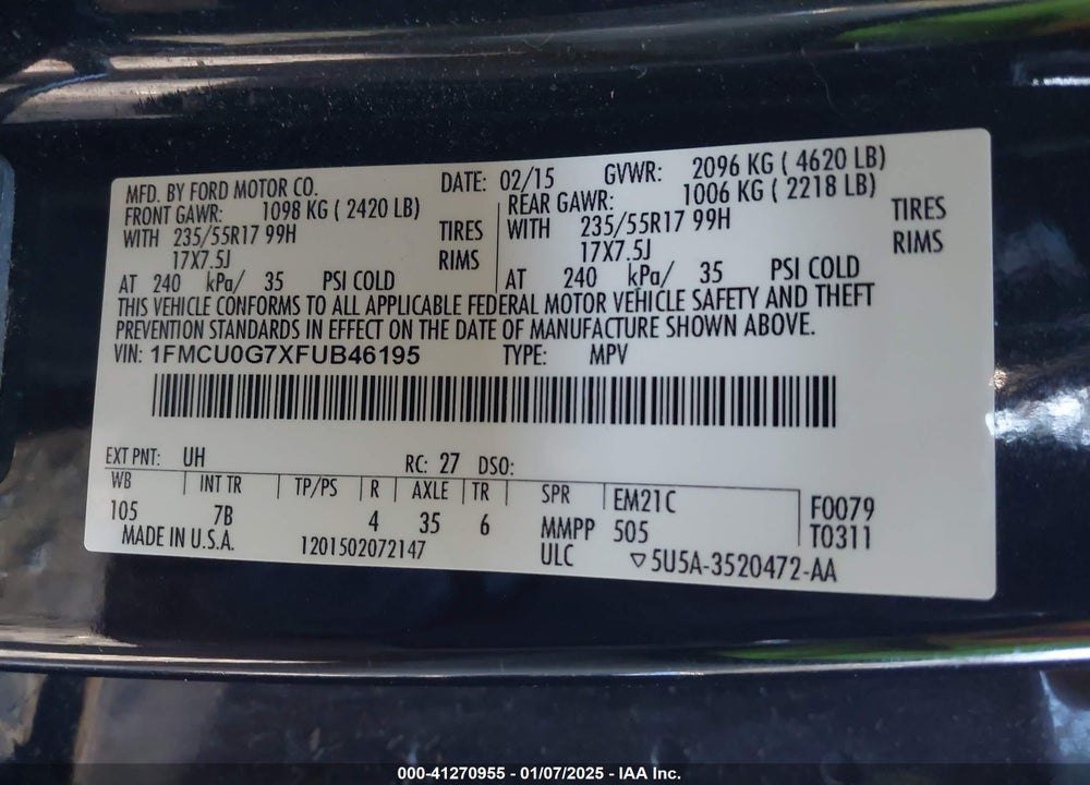 2015 FORD ESCAPE SE VIN: 1FMCU0G7XFUB46195