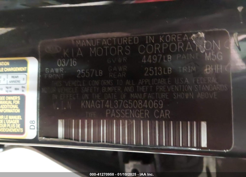 2016 KIA OPTIMA VIN: KNAGT4L37G5084069