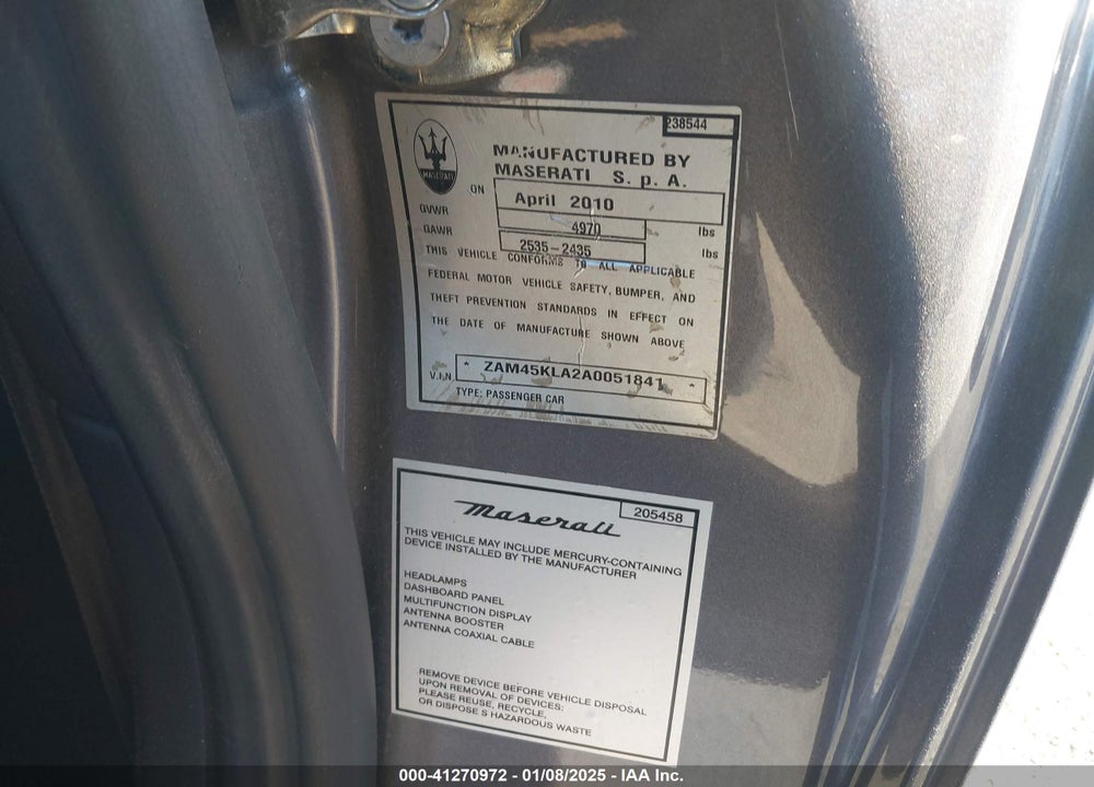 2010 MASERATI GRANTURISMO S AUTOMATIC VIN: ZAM45KLA2A0051841