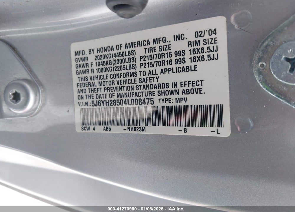 2004 HONDA ELEMENT EX VIN: 5J6YH28504L008475