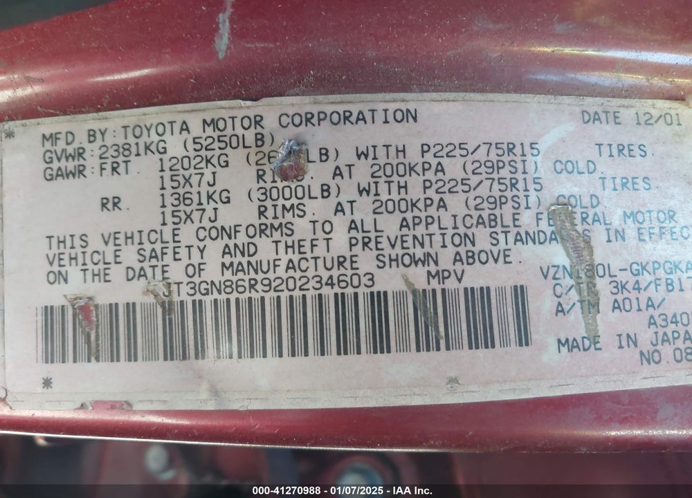 2002 TOYOTA 4RUNNER SR5 V6 VIN: JT3GN86R920234603
