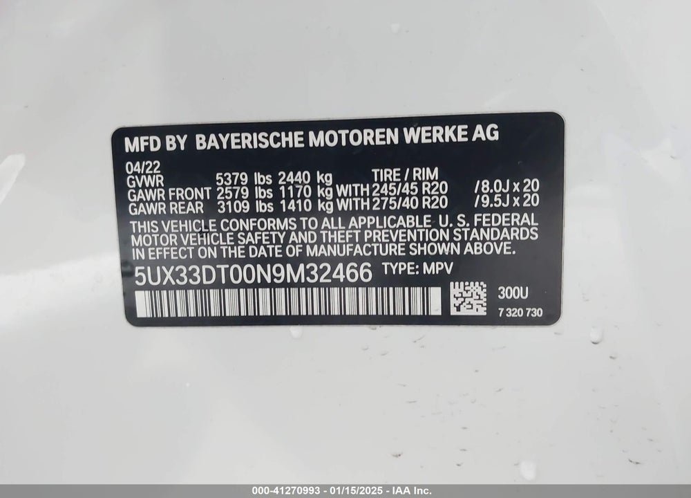 2022 BMW X4 XDRIVE30I VIN: 5UX33DT00N9M32466