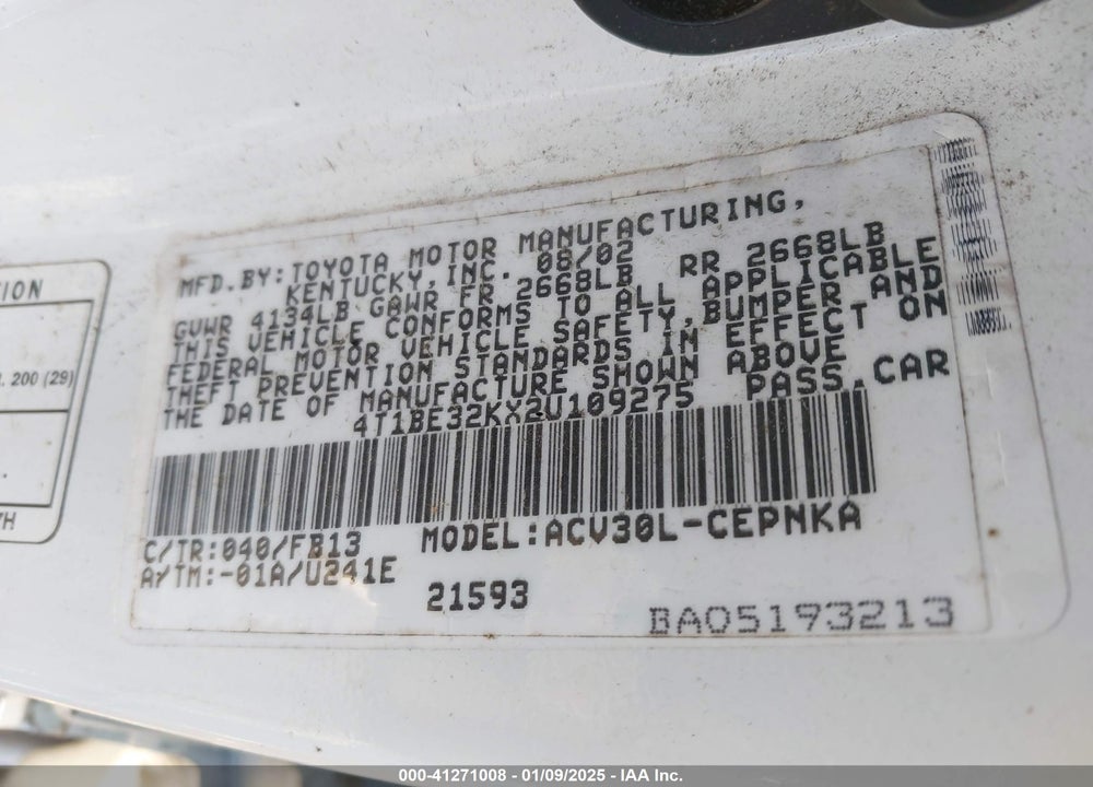 2002 TOYOTA CAMRY LE VIN: 4T1BE32KX2U109275