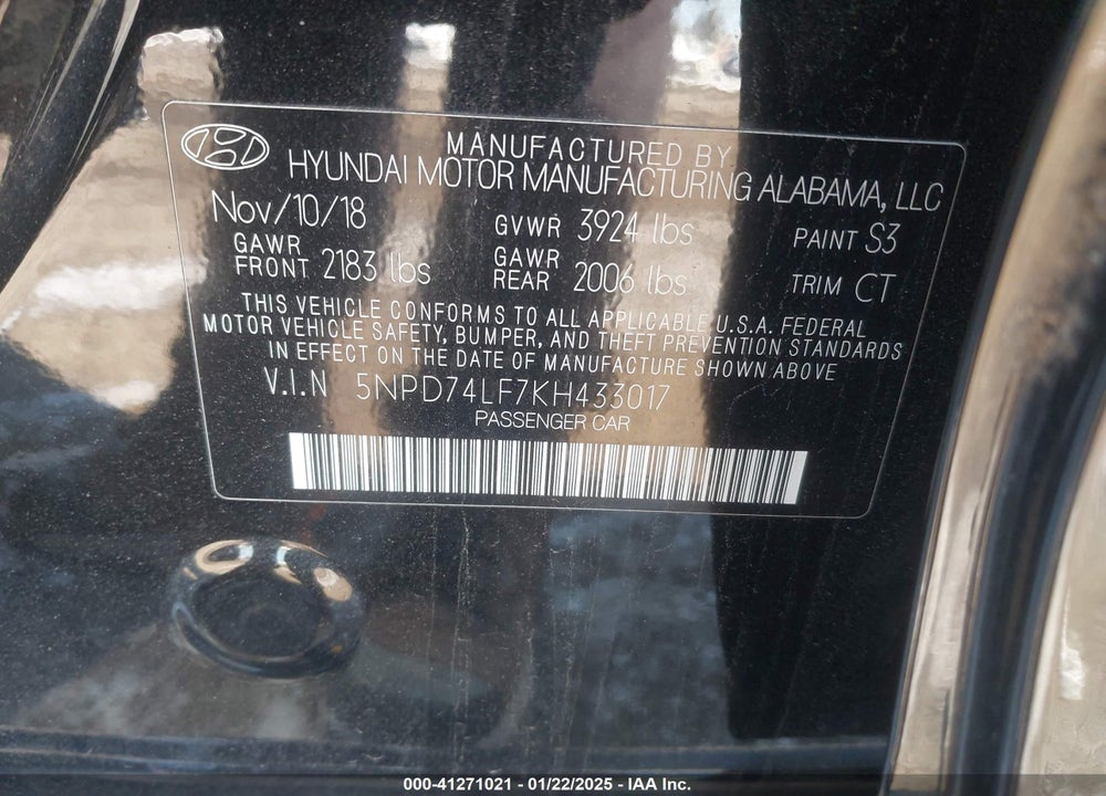 2019 HYUNDAI ELANTRA VIN: 5NPD74LF7KH433017