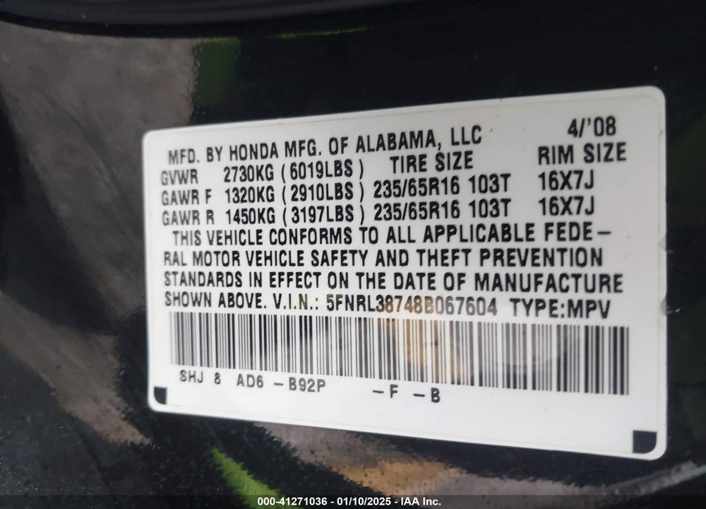 2008 HONDA ODYSSEY EX-L VIN: 5FNRL38748B067604