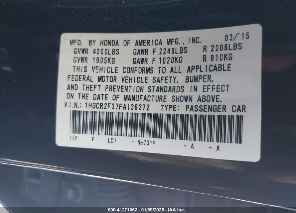 2015 HONDA ACCORD VIN: 1HGCR2F37FA139272