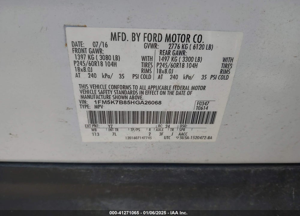 2017 FORD EXPLORER VIN: 1FM5K7B85HGA26068