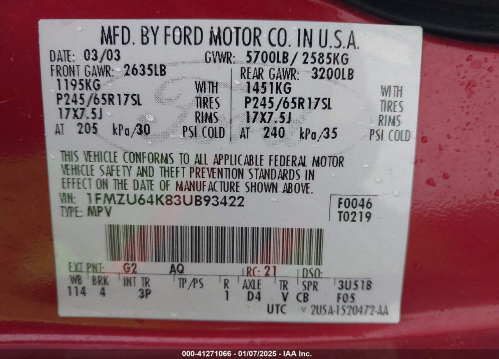 2003 FORD EXPLORER EDDIE BAUER VIN: 1FMZU64K83UB93422