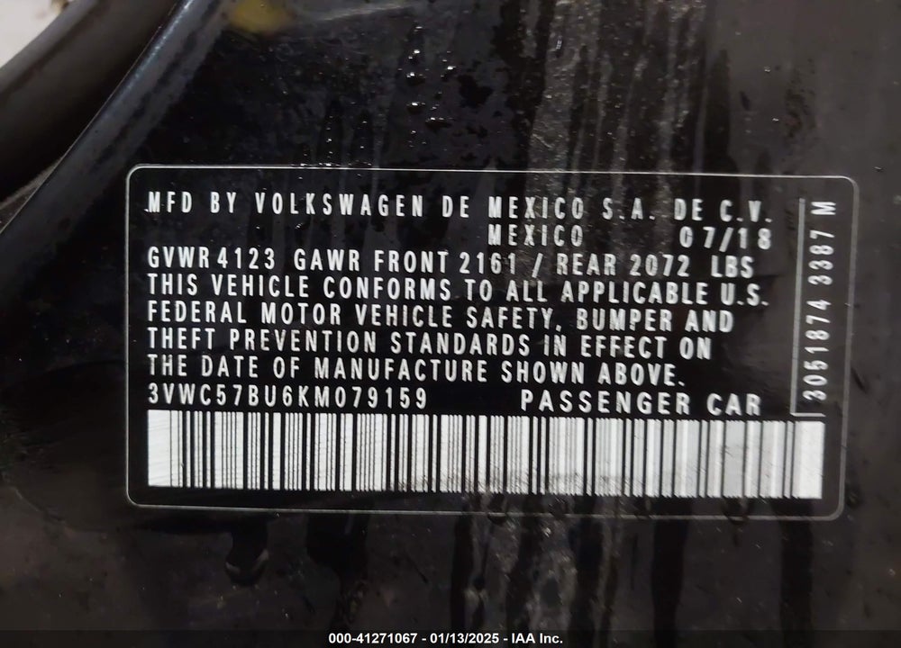 2019 VOLKSWAGEN JETTA VIN: 3VWC57BU6KM079159