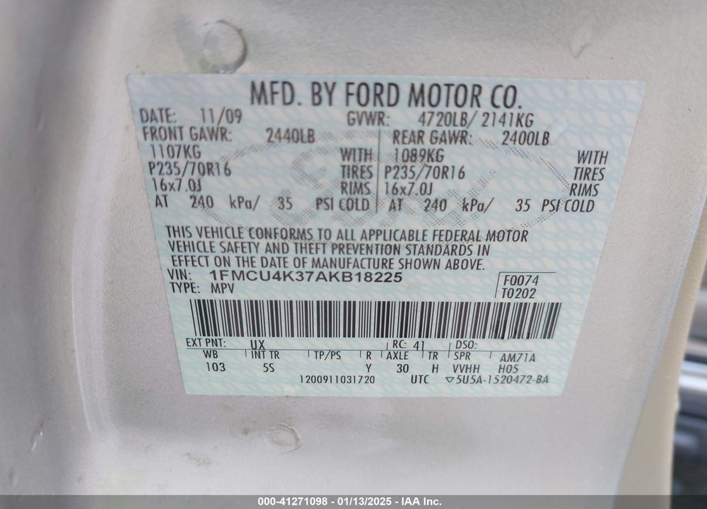 2010 FORD ESCAPE HYBRID LIMITED VIN: 1FMCU4K37AKB18225