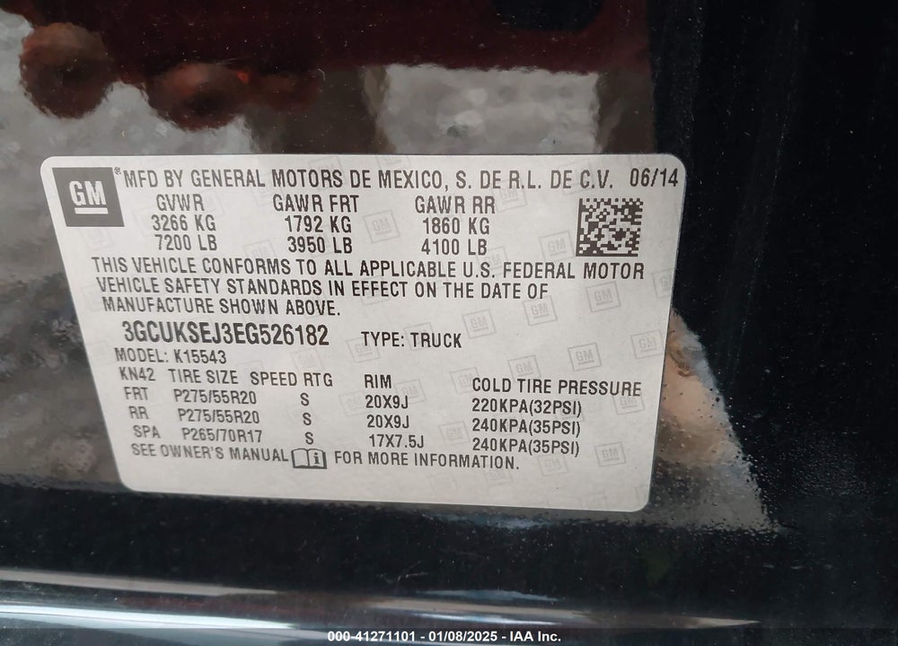 2014 CHEVROLET SILVERADO 1500 1LZ VIN: 3GCUKSEJ3EG526182