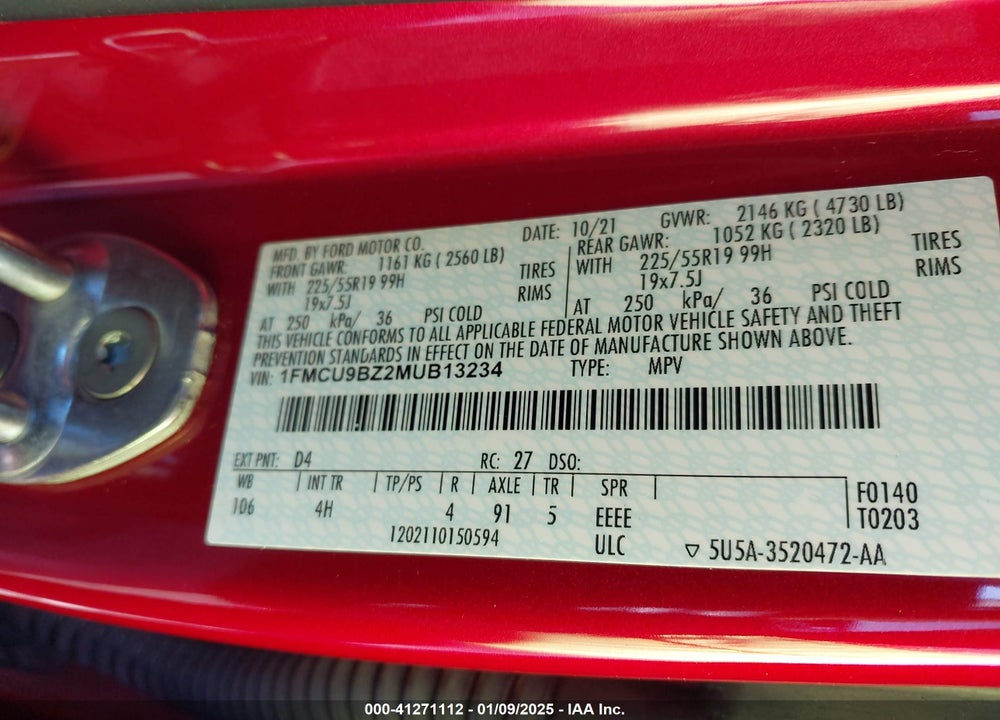 2021 FORD ESCAPE SE HYBRID VIN: 1FMCU9BZ2MUB13234