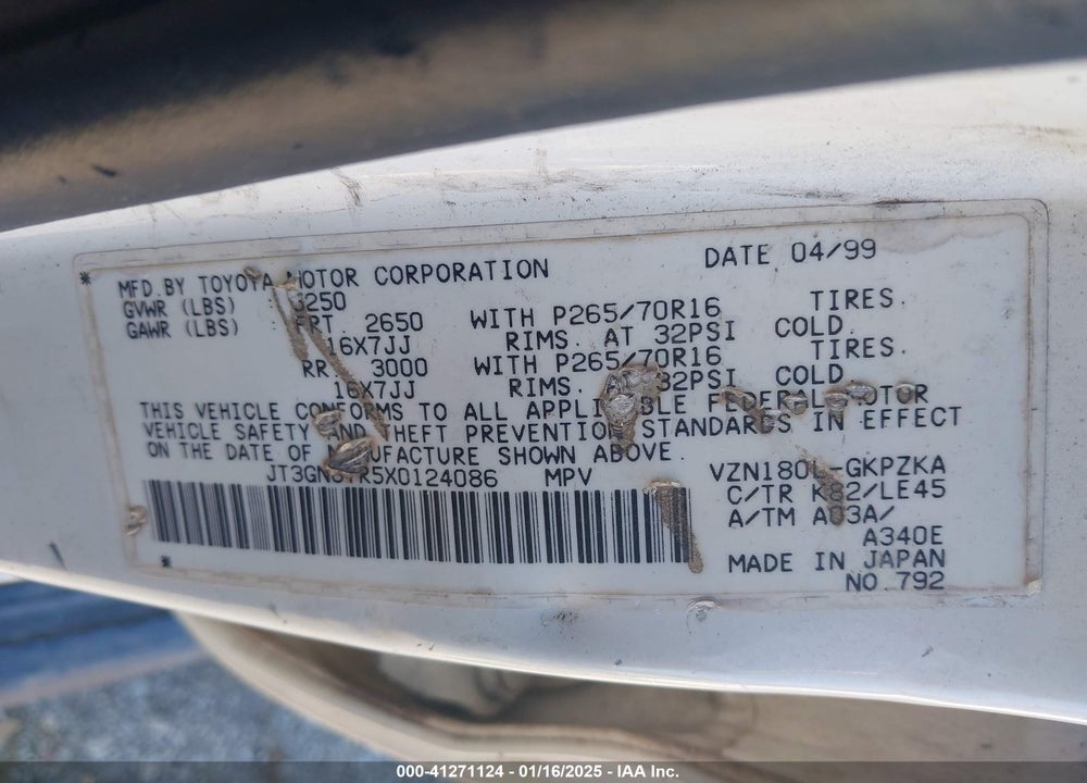 1999 TOYOTA 4RUNNER LIMITED V6 VIN: JT3GN87R5X0124086