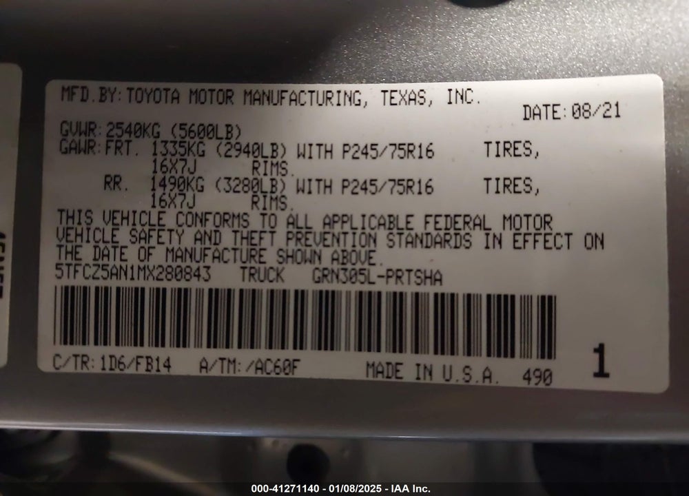 2021 TOYOTA TACOMA VIN: 5TFCZ5AN1MX280843