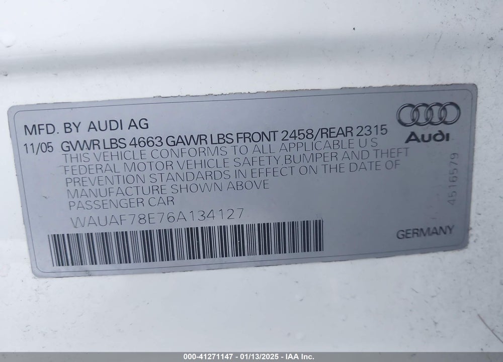 2006 AUDI A4 2.0T VIN: WAUAF78E76A134127