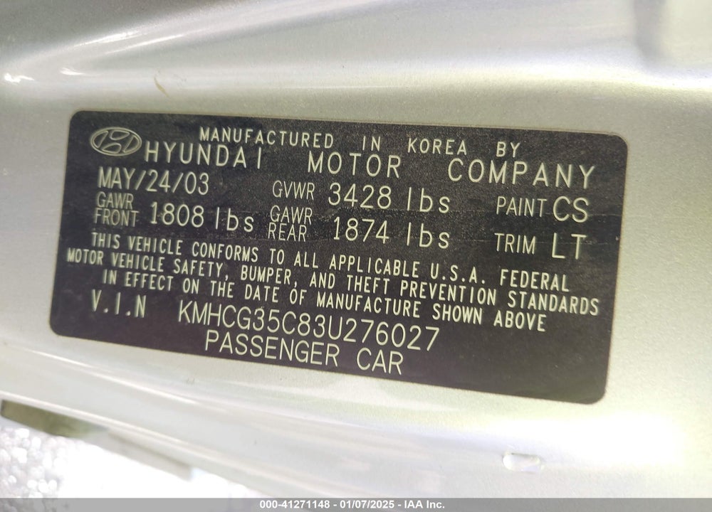 2003 HYUNDAI ACCENT GL VIN: KMHCG35C83U276027