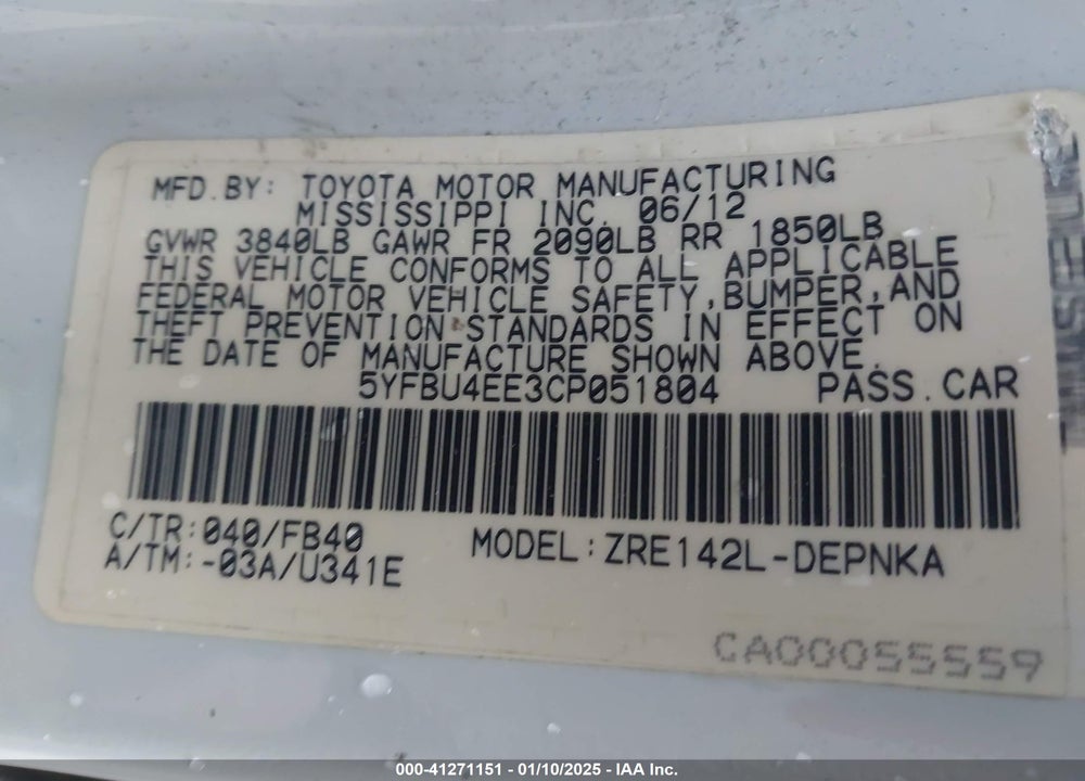 2012 TOYOTA COROLLA LE VIN: 5YFBU4EE3CP051804