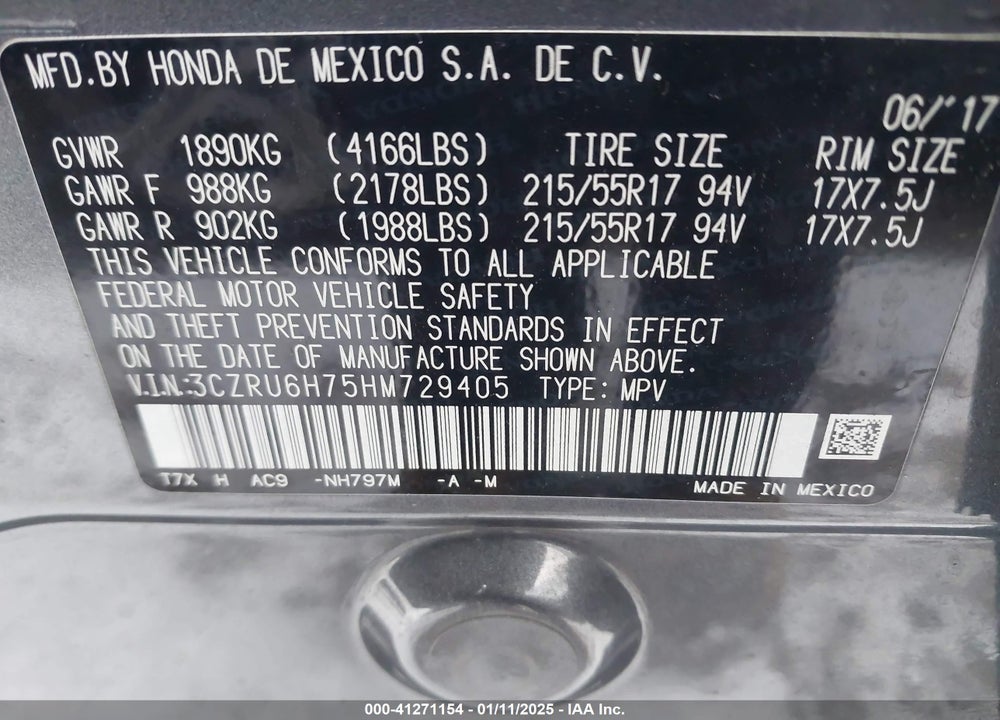 2017 HONDA HR-V EX-L VIN: 3CZRU6H75HM729405