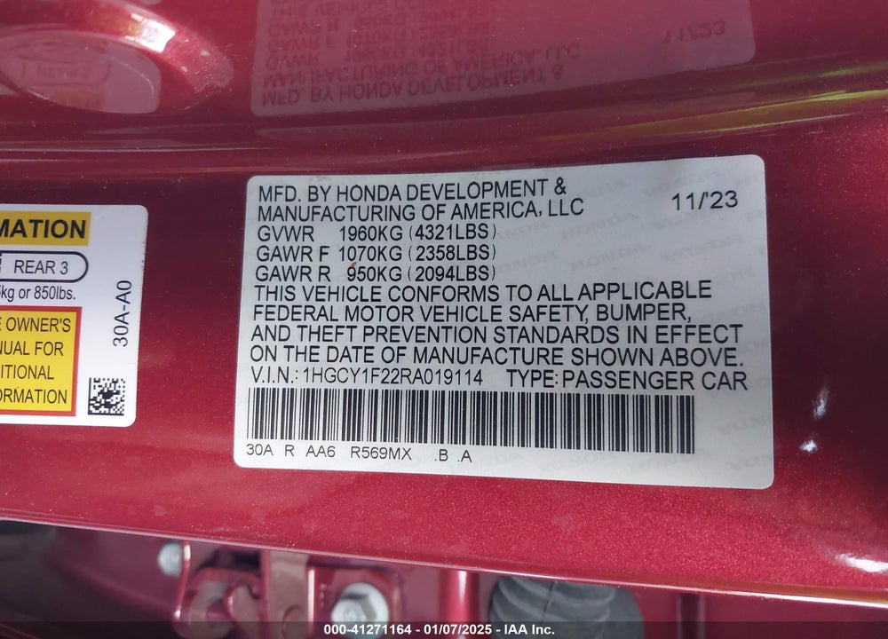 2024 HONDA ACCORD VIN: 1HGCY1F22RA019114