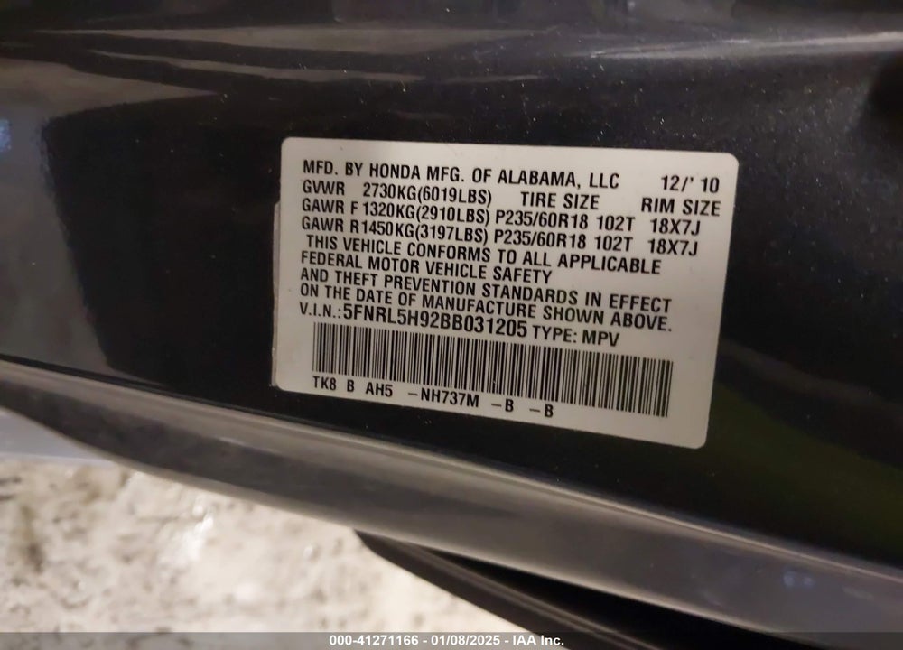 2011 HONDA ODYSSEY TOURING/TOURING ELITE VIN: 5FNRL5H92BB031205