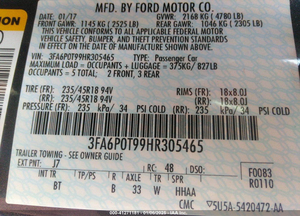 2017 FORD FUSION SE VIN: 3FA6P0T99HR305465