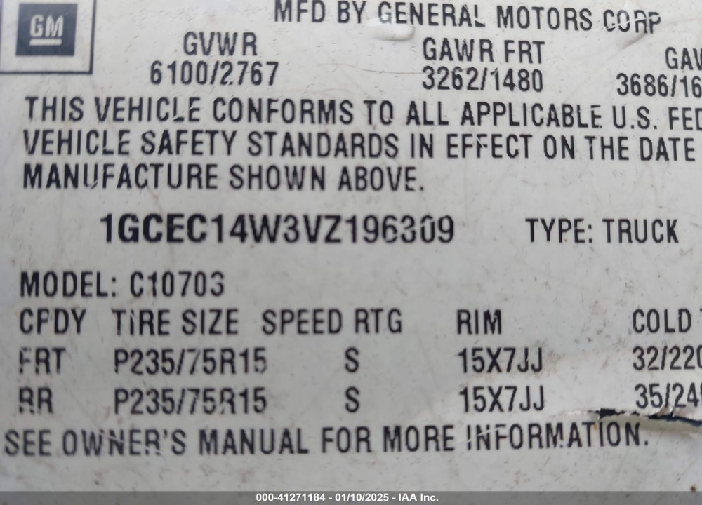 1997 CHEVROLET C1500 FLEETSIDE W/T VIN: 1GCEC14W3VZ196309