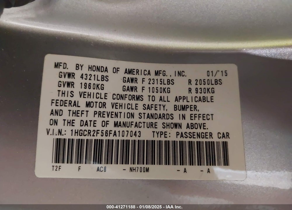 2015 HONDA ACCORD VIN: 1HGCR2F56FA107043