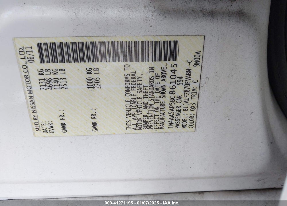 2011 NISSAN MAXIMA VIN: 1N4AA5AP5BC861045