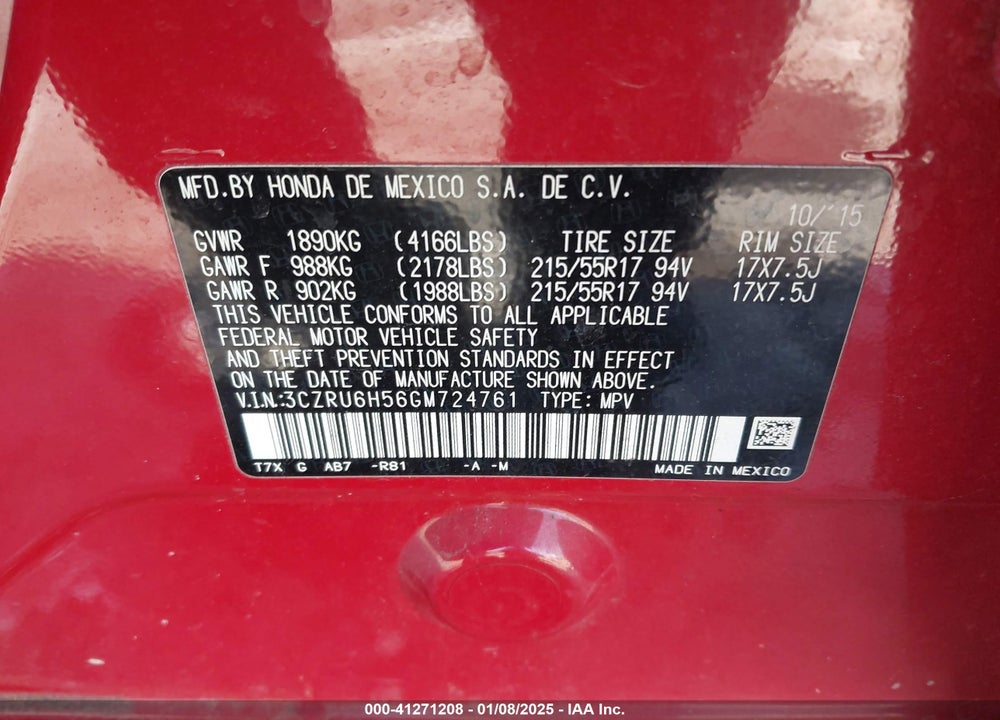 2016 HONDA HR-V EX VIN: 3CZRU6H56GM724761