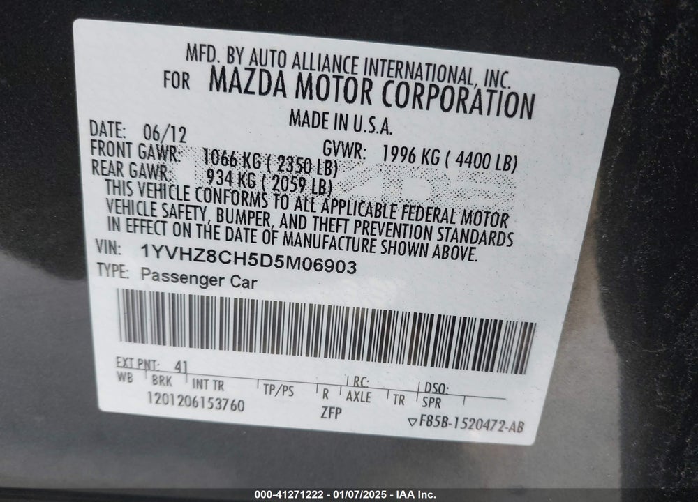 2013 MAZDA MAZDA6 VIN: 1YVHZ8CH5D5M06903