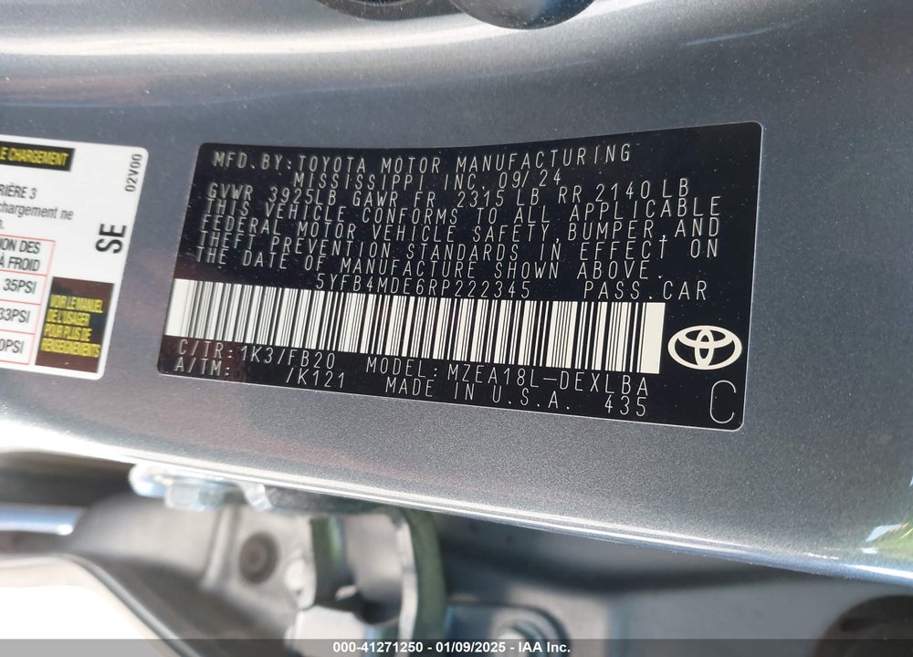 2024 TOYOTA COROLLA VIN: 5YFB4MDE6RP222345