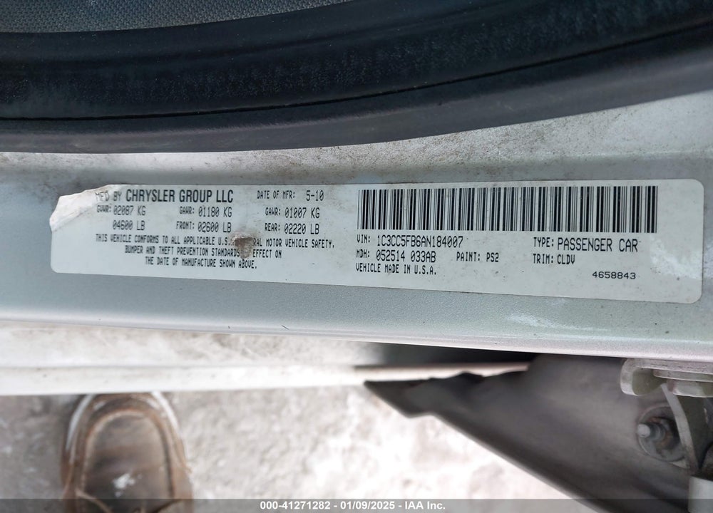 2010 CHRYSLER SEBRING VIN: 1C3CC5FB6AN184007