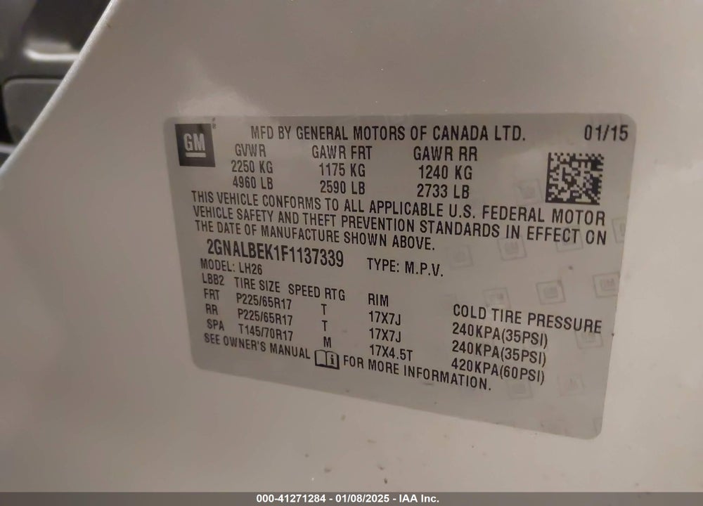 2015 CHEVROLET EQUINOX 1LT VIN: 2GNALBEK1F1137339