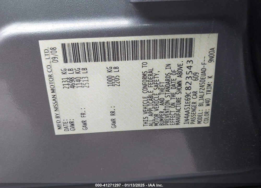 2009 NISSAN MAXIMA 3.5 SV VIN: 1N4AA51E69C823543