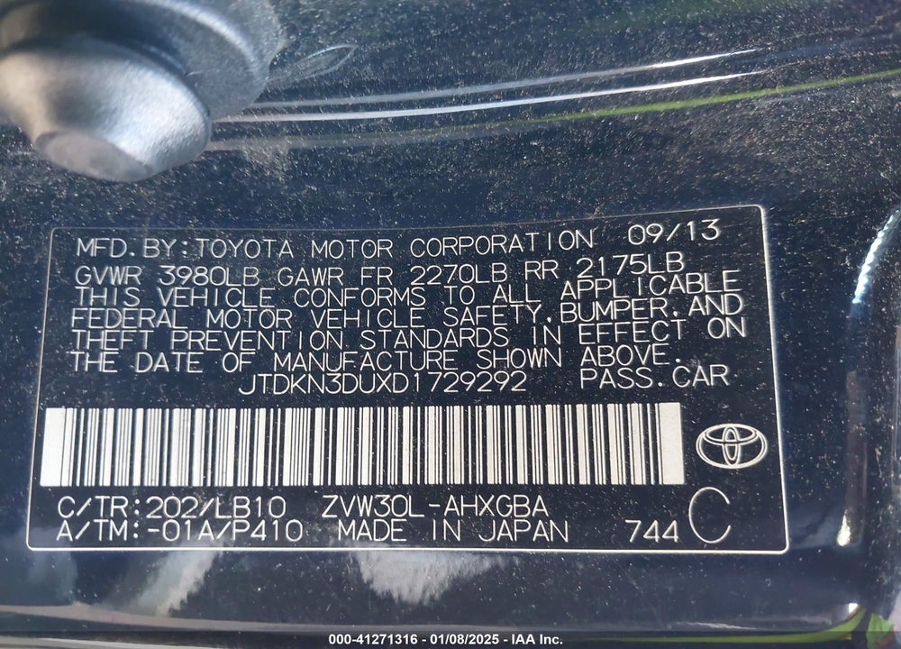 2013 TOYOTA PRIUS VIN: JTDKN3DUXD1729292