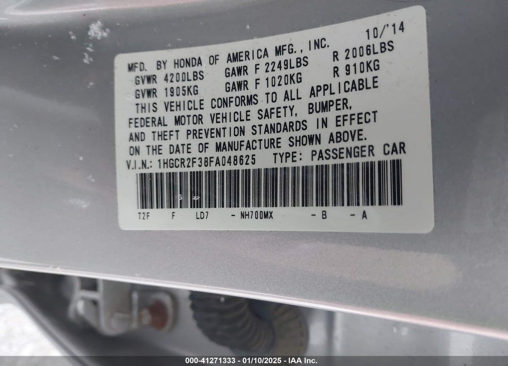2015 HONDA ACCORD LX VIN: 1HGCR2F38FA048625