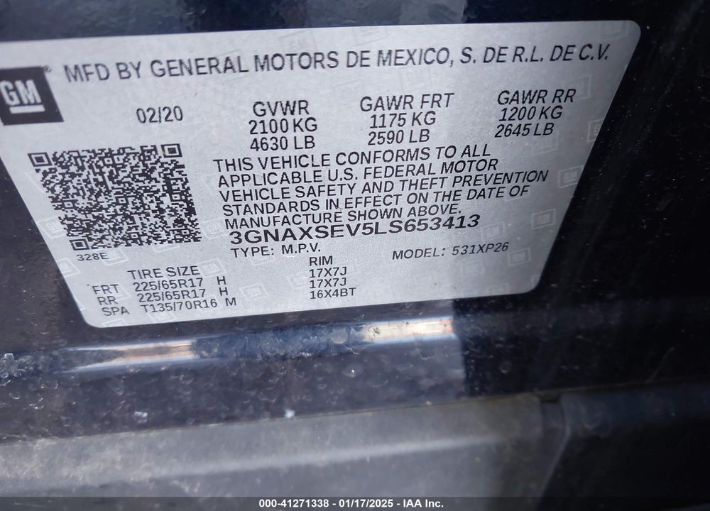 2020 CHEVROLET EQUINOX VIN: 3GNAXSEV5LS653413