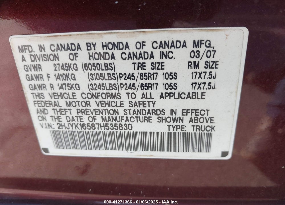 2007 HONDA RIDGELINE RTL VIN: 2HJYK16587H535830