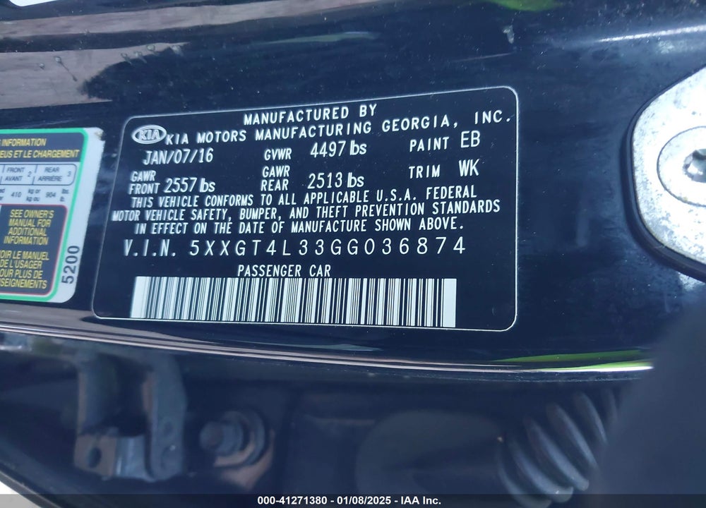 2016 KIA OPTIMA LX VIN: 5XXGT4L33GG036874